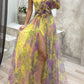 Mesh Tie-dye Printed Off-shoulder Slit Dress Summer INS Fashion Long Dress Party Womens Clothing