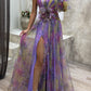 Mesh Tie-dye Printed Off-shoulder Slit Dress Summer INS Fashion Long Dress Party Womens Clothing